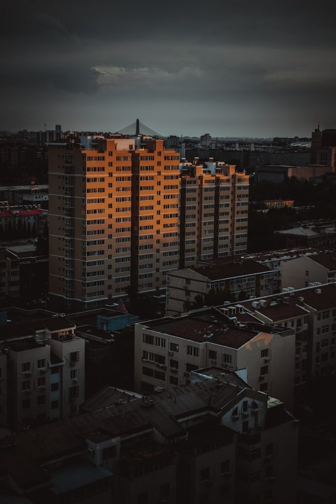 high rise buildings during night time